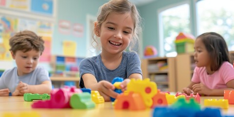 Naklejka premium A girl is playing with blocks in a classroom. She is smiling and seems to be enjoying herself
