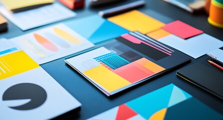 Colorful Papers and Notebooks on a Dark Surface