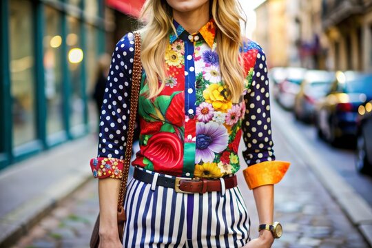 Eclectic mix of western shirt with bright floral pattern clashing with bold stripes and polka dots in playful street style fashion photo
