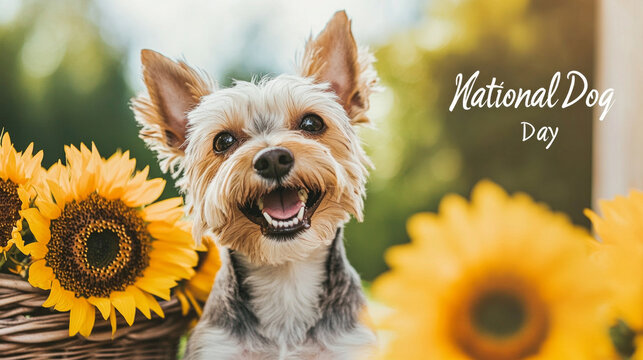 Happy Yorkshire Terrier with Sunflowers for National Dog Day - Powered by Adobe