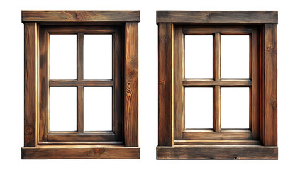 Two Wooden Window Frames Isolated on Transparent Background