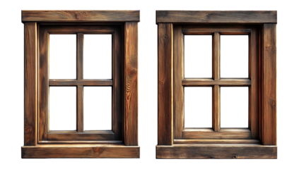 Two Wooden Window Frames Isolated on Transparent Background