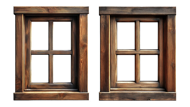 Two Wooden Window Frames Isolated on Transparent Background