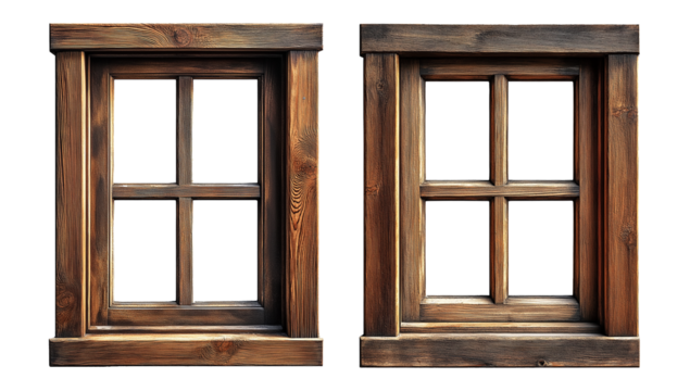 Two Wooden Window Frames Isolated on Transparent Background
