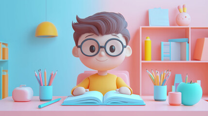 3d school boy sitting in front of desk with education items and holding a notebook or book, student preparing home work