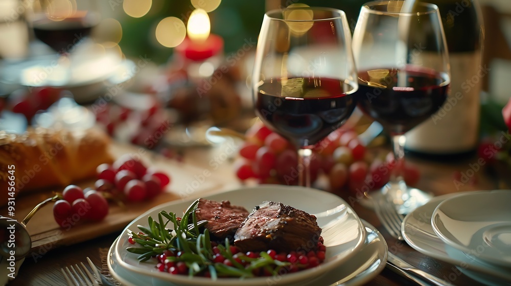 Poster table setting with plate of beef with glasses of red wine : Generative AI