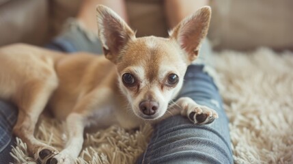 A small dog lounges on a fluffy rug between a person's legs, its expressive eyes looking up inquisitively.