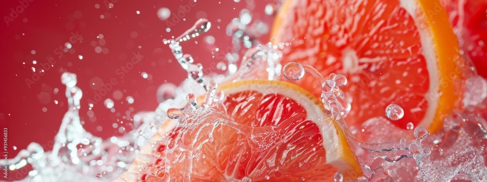 Poster close-up of fresh grapefruit slices splashing in water with red background