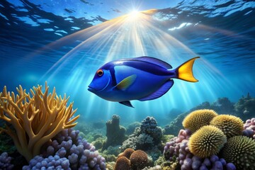 Obraz premium Elegance Royal Blue Tang floating above a sea of waving sea whips and coral formations in a calm blue ocean with sunbeams filtering