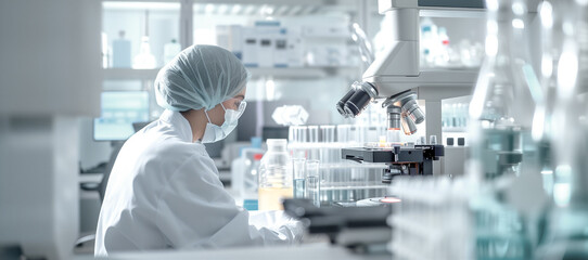 A high-quality microscope and an array of laboratory glassware are arranged on a pristine white surface, symbolizing scientific discovery and innovation.