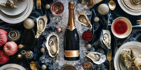 Top-down view of a festive Christmas table spread featuring oysters on ice, champagne bottles, caviar, and elegant tableware, perfect for a special celebration.