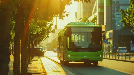 Obraz premium A green city bus glides down a sunlit street lined with trees, the sunlight casting a warm glow while busy urban life continues in the background.
