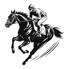 Jockey riding a racehorse, black silhouette sketch, flat style vector illustration isolated on white.