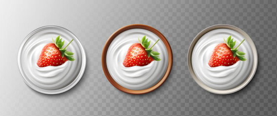 3d realistic vector icon illustration. Set of fresh cream bowls with whole strawberry. Natural dairy product. Whipped cream or yoghurt with berries.