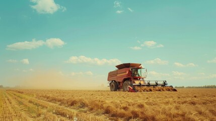 Fototapeta premium A combine harvester works in a golden field under a clear sky, capturing the essence of the agricultural season.