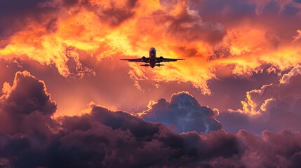 Fototapeta premium Commercial airplane flying above dramatic clouds during sunset. 