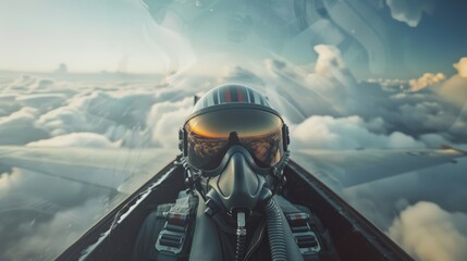 Fototapeta premium A stunning aerial view from inside a jet cockpit soaring above the clouds, capturing the surreal and exhilarating experience of piloting an aircraft.