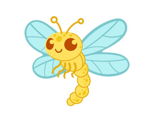 Cute cartoon dragonfly with a smiling face. Cartoon insect design. Vector illustration isolated on white background