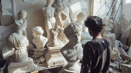 An artist surrounded by plaster sculptures in a sunlit studio, deeply engrossed in refining a classical bust with meticulous care.