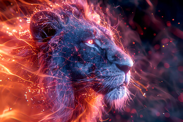 A majestic lion with a fiery mane stands tall, its eyes glowing with intensity
