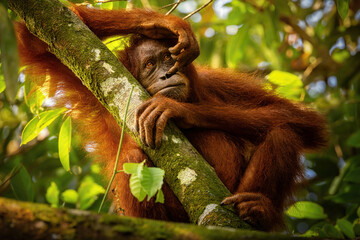 Sumatran orangutan in the nature habitat. Amazing sumatran jungle. Beautiful sumatran wildlife. Adventure paradise. Rare  and endangered species.