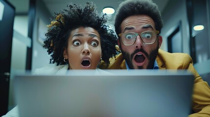 Shocked business colleagues looking at laptop in office corridor : Generative AI
