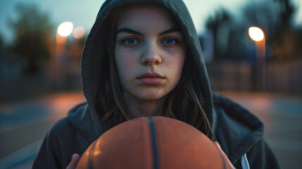 A teenage girl in a dark hoodie with a basketball on a basketball court in the evening