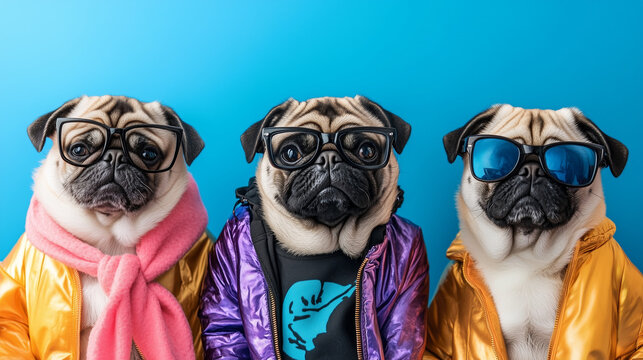 Three pugs in stylish concert shiny jackets, one with a pink scarf, all wearing glasses, blue background
