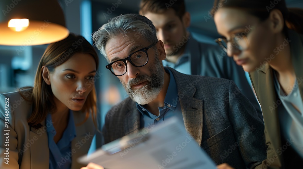 Poster Three business people huddling and discussing a document in an office Group of business professionals contributing their ideas and expertise as they collaborate on a project for their  : Generative AI