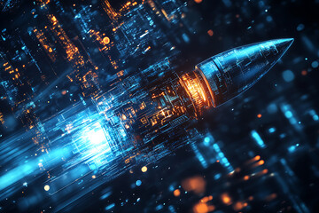 Abstract digital background featuring a rocket, symbolizing innovation, progress, and exploration