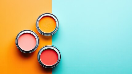 Three paint cans in orange, pink, and red on a blue and orange background.