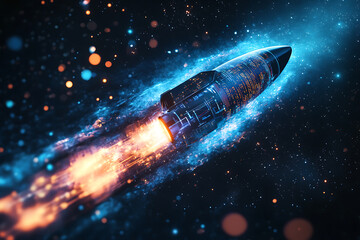 Abstract digital background featuring a rocket, symbolizing innovation, progress, and exploration