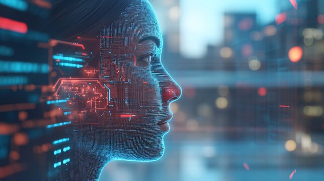 Side view of a humanoid head with an augmented reality interface overlay showcasing AIs interaction with the digital world