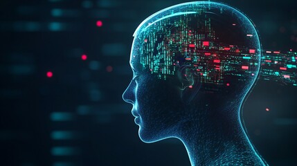 Side view of a humanoid head with a digital data stream entering the brain representing AI learning and adaptation