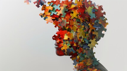 Another depiction of a head in puzzle pieces, symbolizing the fragmented, colorful, and complex nature of human thoughts and emotions.