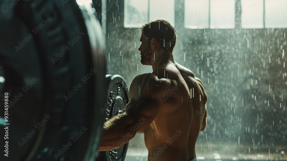 Wall mural A muscular man lifts weights in a dimly lit gym, with sunlight streaming through the windows and particles glistening in the air.