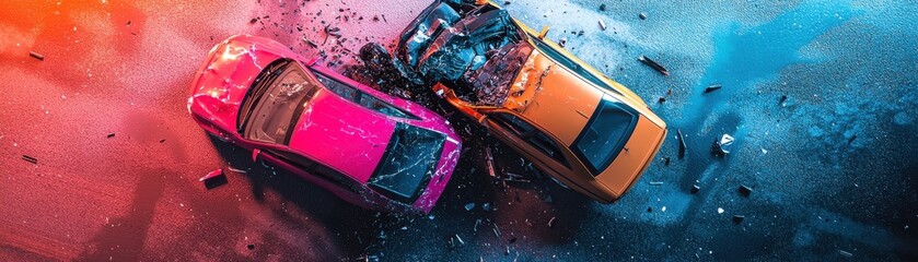 A dramatic aerial view of a car crash, showcasing bright colored vehicles in motion against a vibrant backdrop.