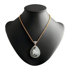 Front view of a dendritic agate pendant necklace with a minimalist gold chain on a black bust isolated on a white transparent background.