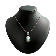 Front view of a dendritic opal pendant necklace with a delicate rose gold chain on a black bust isolated on a white transparent background