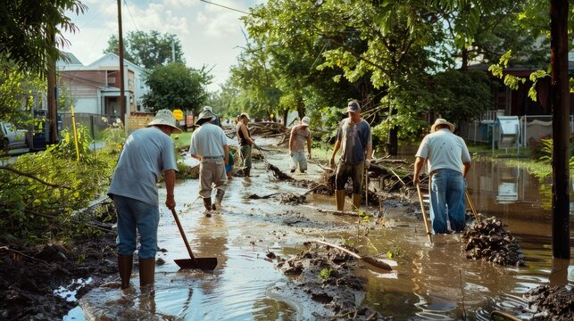 Volunteers in a muddy area clearing debris during relief efforts under a cloudy sky, showcasing community spirit and teamwork.