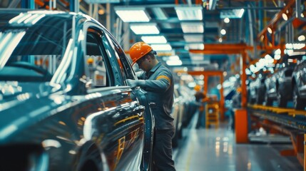 A dedicated worker meticulously inspects a shiny car in a bustling factory assembly line, focusing on detail and quality assurance.