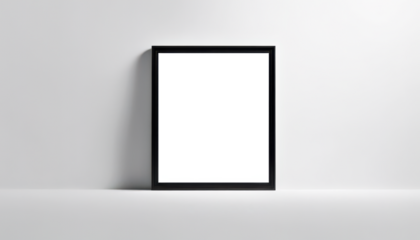Black framed canvas against a white wall, mockup concept, cutout, png, minimal