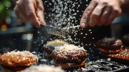 Chef grating parmesan cheese on burgers : Generative AI