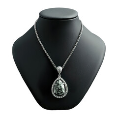 Front view of a moss agate pendant necklace with a hammered bronze setting on a black bust isolated on a white transparent background