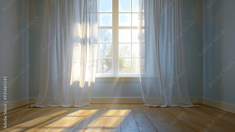 Aufkleber Backlit window with white curtains in empty room : Generative AI