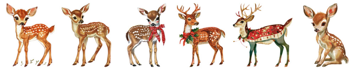 Vintage baby reindeer illustration png cut out element set
