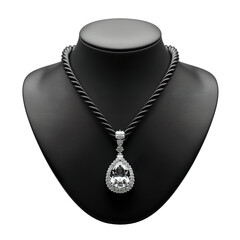 Front view of a rutilated quartz pendant necklace with a twisted silk cord on a black bust isolated on a white transparent background.