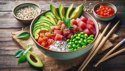 Colorful poke bowl with tuna, avocado, and edamame, on a wooden table garnished with sesame seeds and chopsticks on the side, stock food photography