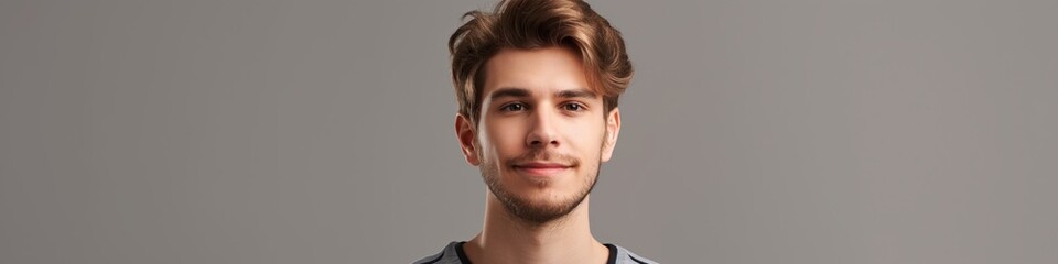Fototapeta premium Handsome young man with a casual style, confidently posing with a happy expression in a studio setting.