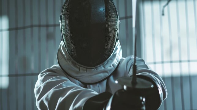 A fencer in full gear, poised for action, captures the intensity and elegance of the sport in a dramatic, dimly-lit setting. - Powered by Adobe